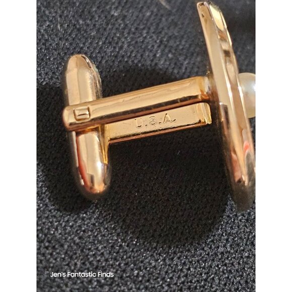 Hickok Mens Gold-Tone & Faux Pearl Oval Cufflinks U.S.A. Made - Picture 6 of 7